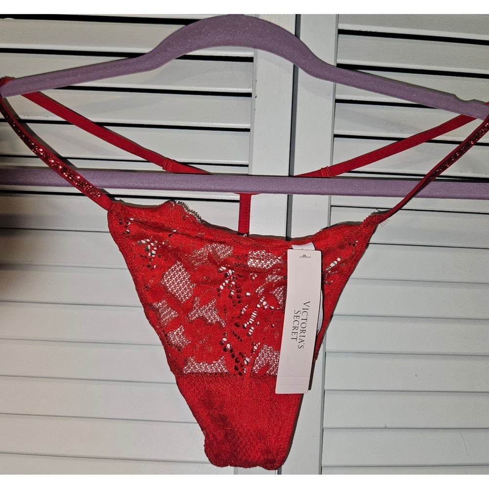 Victoria's Secret Dream Angels Red Lace Rhinestone Shine Strap V-String L/G NWT